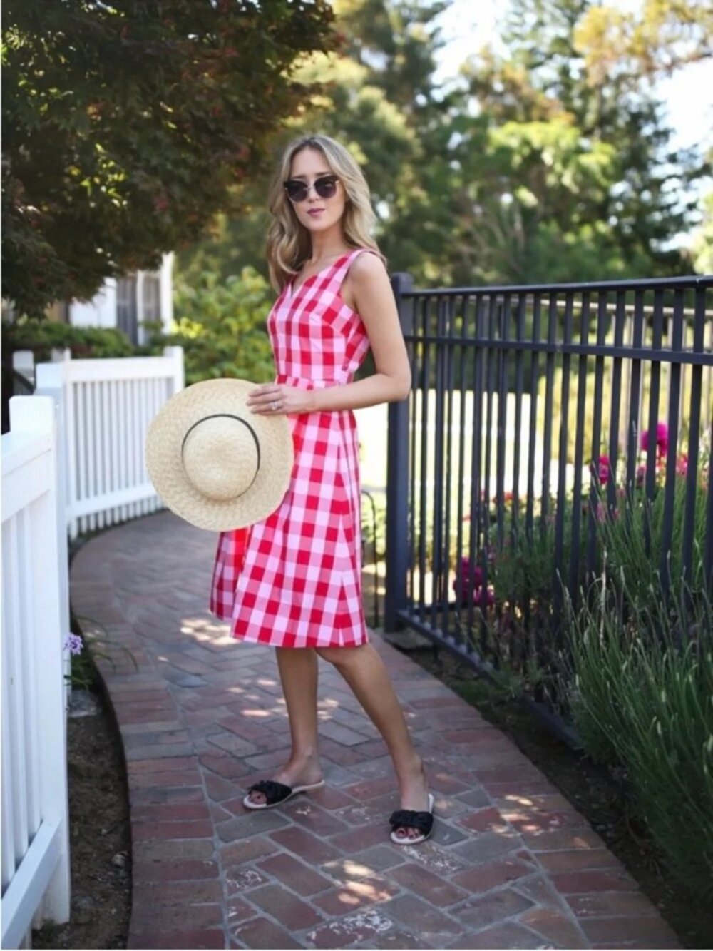 Draper James Red and Pink Gingham Midi Dress with Cutout Back
